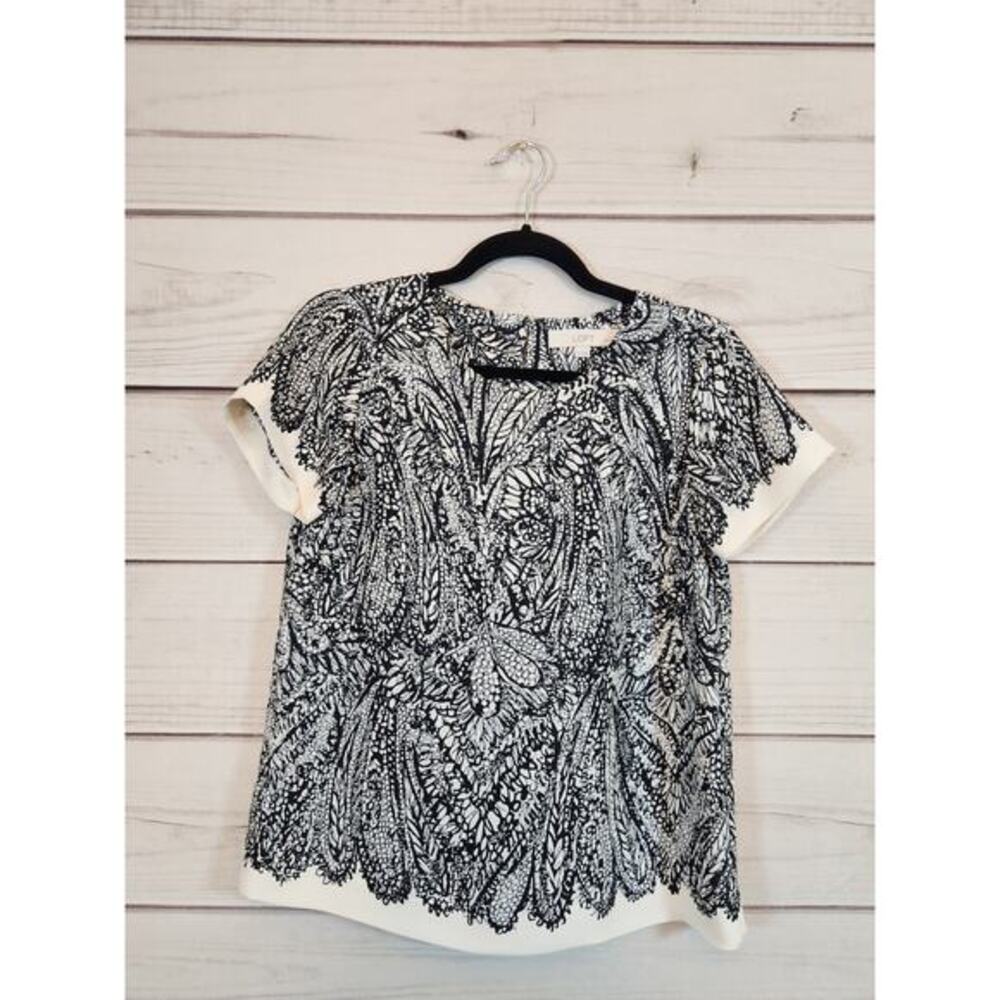 Ann Taylor Loft Womens White Black Floral Round Neck Short Sleeve Blouse Size SP
